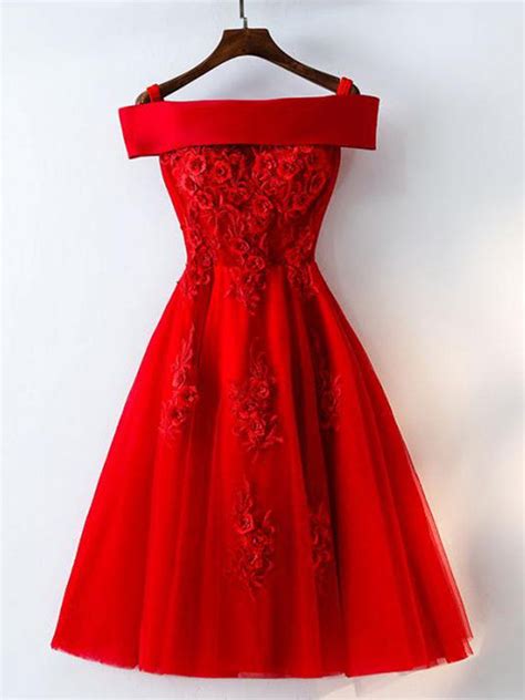 Cute A Line Off Shoulder Short Red Lace Prom Dresses Short Red Brides