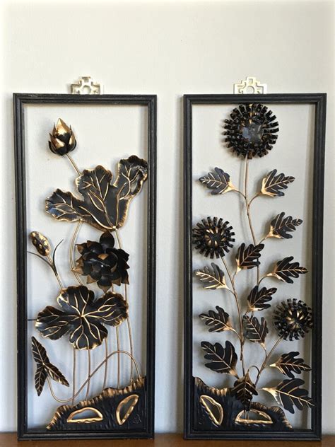 mid century asian metal wall art panels gold black by modrendition