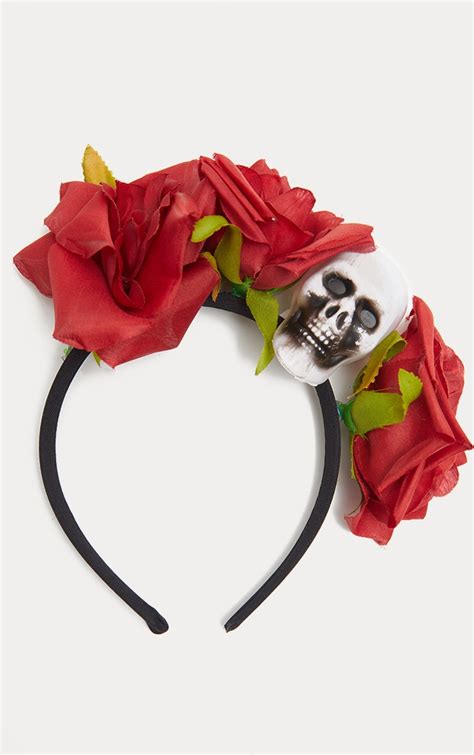 Black Headband With Skull And Flower Prettylittlething Usa