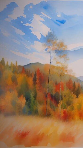 Premium Ai Image Watercolor Mountain Autumn Landscape With Snowy
