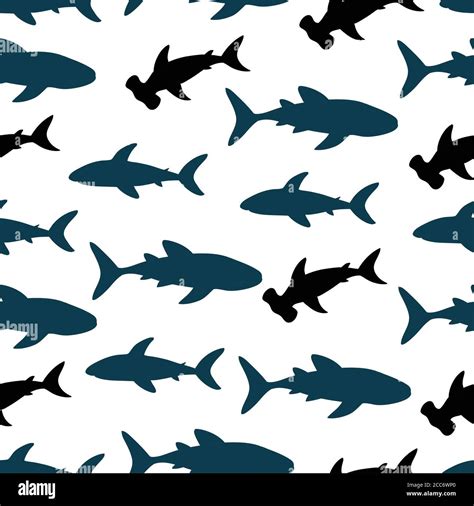 Seamless Pattern With Cute Sharks Silhouette Vector Illustration Stock