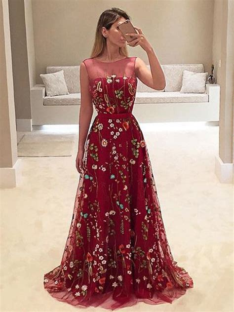 Popular Dark Red Floral Embroidery Sleeveless A Line Long Prom Dresses