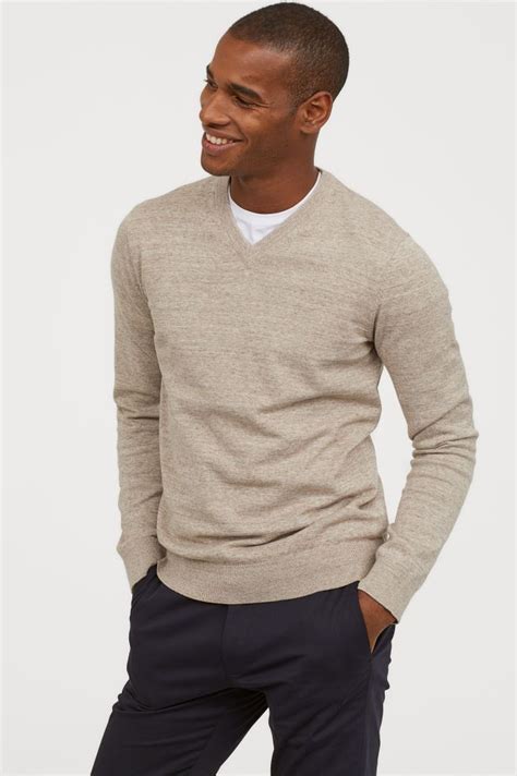 V Neck Cotton Sweater Beige Melange Men Handm Us Hipster Mens