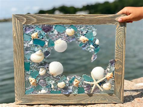 14x17 Beach Glass And Shells In Barnwood Frame Beach Glass Etsy Sea Glass Art Sea Glass Art
