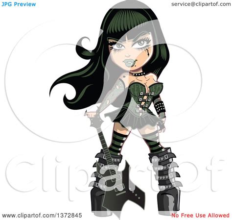 Clipart Of A Sexy Goth Woman With A Guitar Royalty Free Vector