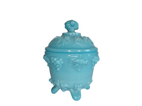 Antique French Turquoise Blue Milk Glass Candy Dish By Vallerysthal