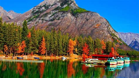 Fall Colors Lake Banff Canada Mountain Reflection Boats Autumn Forest