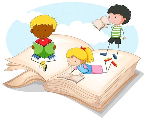 Trois Enfants Lisant Un Livre De Contes Vecteur Gratuite
