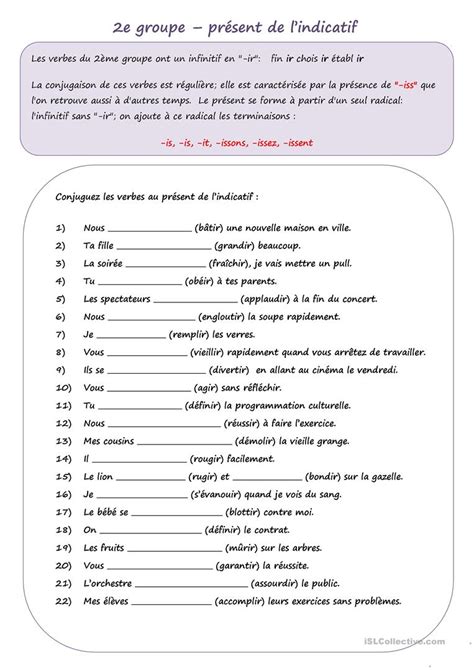 PRESENT DE L INDICATIF e groupe verbes ISSANT Français Fle Fiches