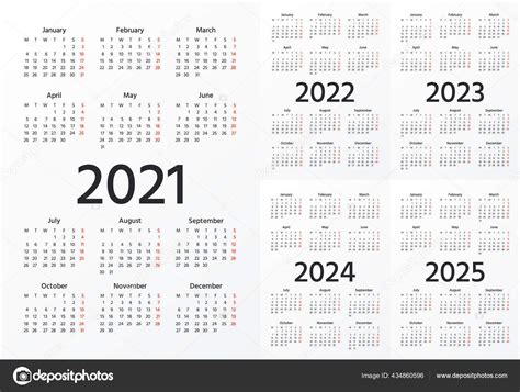 Calendrier 2021 2022 2023 2024 2025 Ans Vecteur Semaine Commence Image