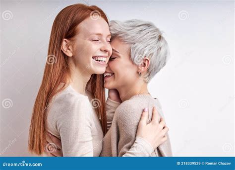 Two Beautiful Stylish Cool Generation Z Women Lgbtq Lesbian Couple Dating Hugging Stock Image