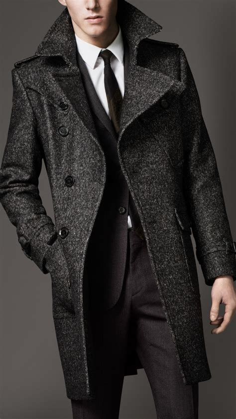 Lyst Burberry Wool Tweed Belted Coat In Gray For Men