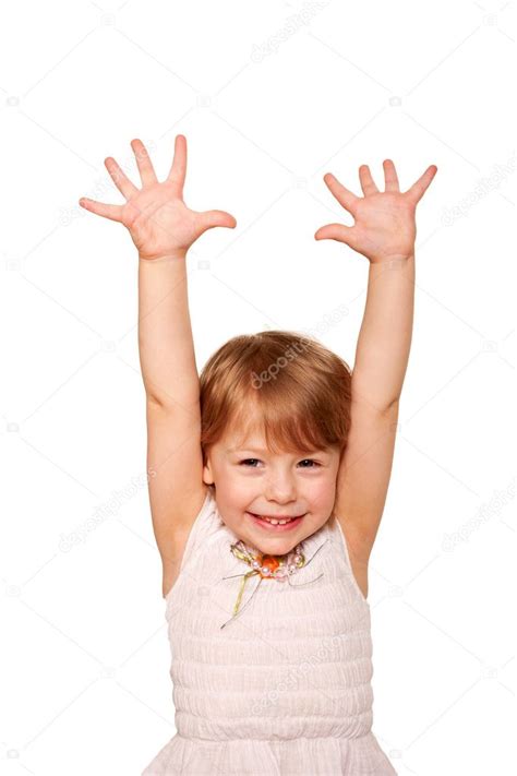 Happy Little Child Raising Hands Up Ready For Your Logo Or Symb Stock