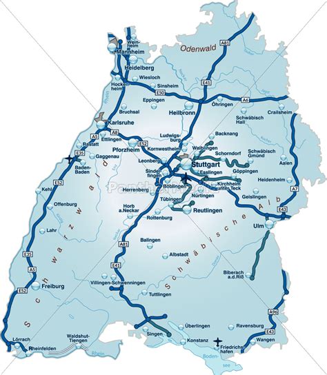 Landkarte, karte von württemberg, baden, hohenzollern, rheinlandpfalz, elsass. Karte von Baden-Wuerttemberg mit Verkehrsnetz in Blau ...