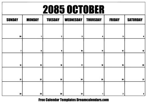 October 2085 Calendar Free Blank Printable With Holidays