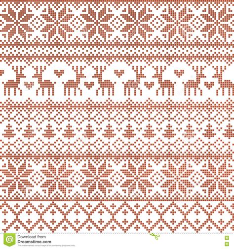 Vector Illustrated Traditional Red Nordic Pattern With Deers Hearts