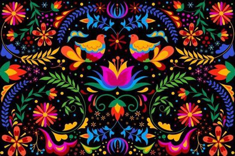 Colorful Mexican Background With Flowers And Birds Obras De Arte