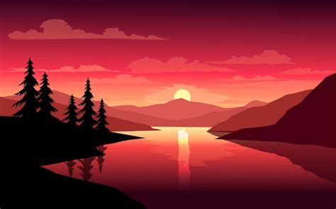 Premium Vector Scenic Sunset Illustration With River