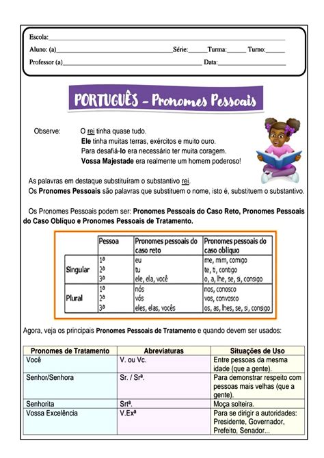 Língua Portuguesa pronomes pessoais Atividade de língua portuguesa para trabalhar pronomes