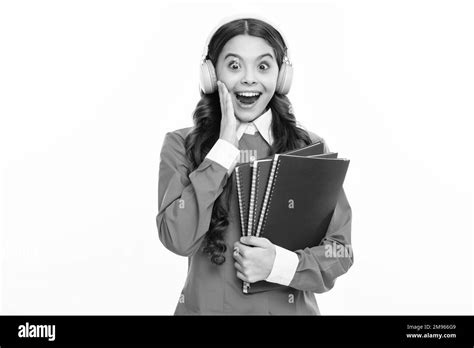 Excited Face School Child Girl With Headphones And Book Isoalted On
