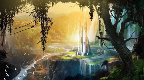 Open Fantasy World Landscape Tower View Art Wallpapers Hd