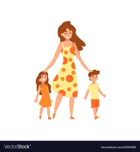 Happy Mother Walking With Her Son And Daughter Vector Image