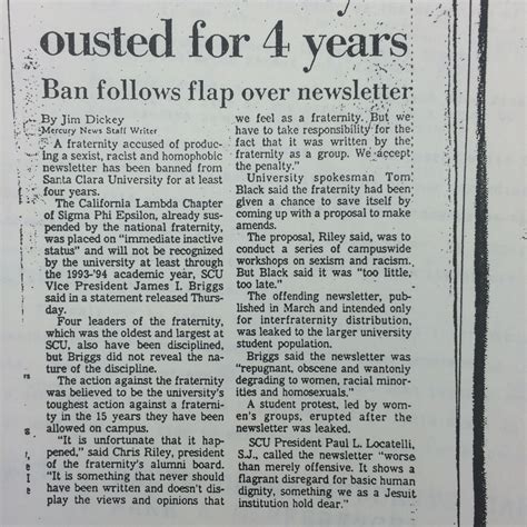 1990, San Jose Mercury Newspaper Article Titled, "SCU fraternity ousted