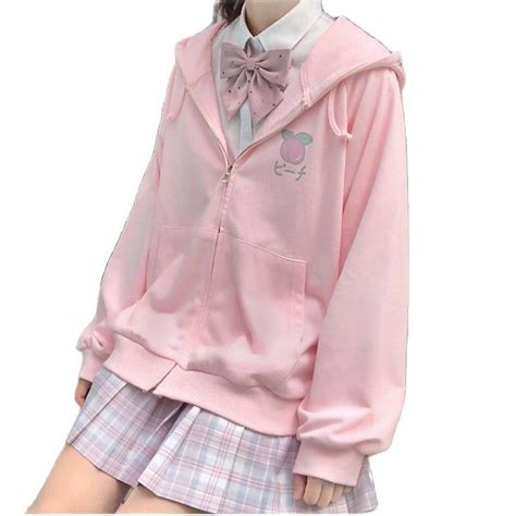 Buy Nc Harajuku Kawaii Sweet Hoodie Fruit Print Womens Loose Thin Zipper Sweater Girl Cute Pink