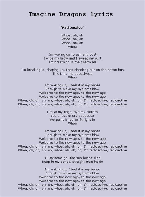 Lyrics To Radioactive By Imagine Dragons Courtesy Of