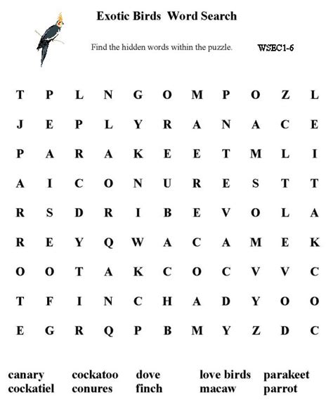 Bluebonkers Free Printable Word Search Sheet Exotic Birds