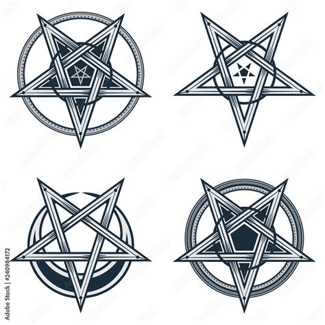 Set Of Stylish Pentagrams With Moon Symbol Vector Illustration Of