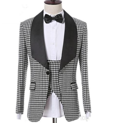 Houndstooth Groom Tuxedos Groomsmen Blazer Excellent Men Formal Prom