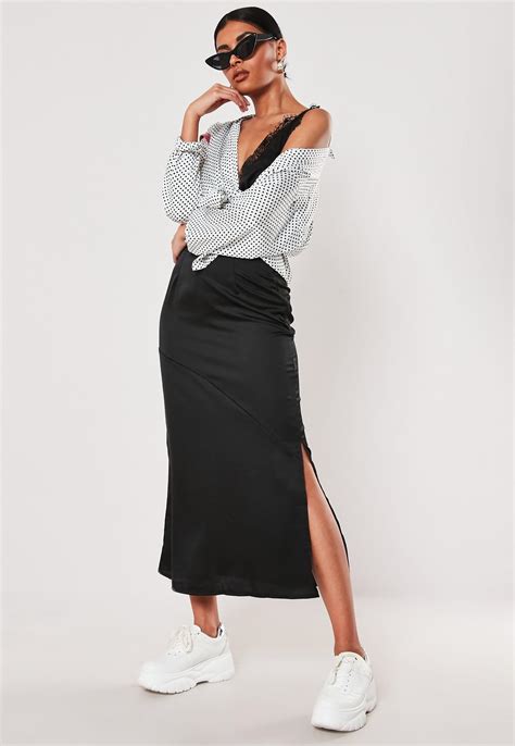 Black Satin Bias Cut Midi Slip Skirt Missguided