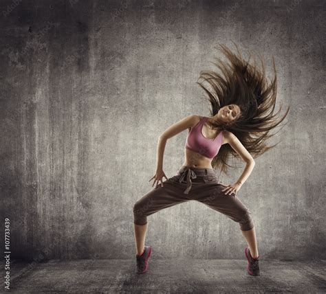 Fitness Sport Dance Woman Dancer Flying Hair Dancing Concrete Stock
