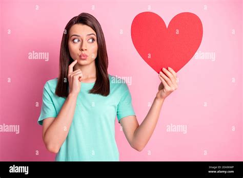 Photo Portrait Of Cute Girl Sending Air Kiss Pouted Lips Keeping Red