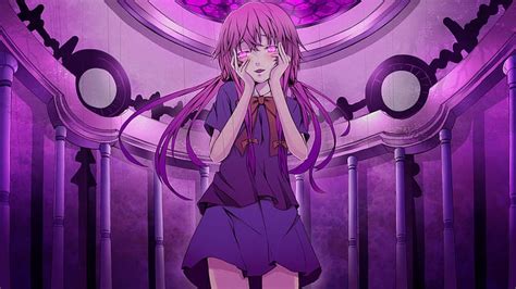 Anime Smile Skirt Pink Hair Blush Long Hair Glowing Eyes Yuno Gasai Mirai Nikki Hd