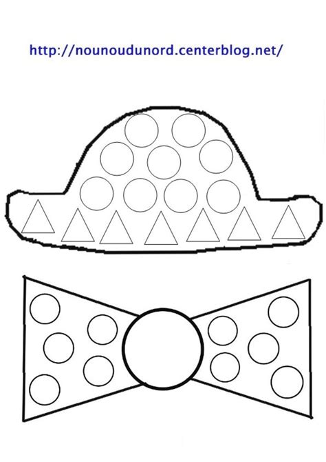 Clown réalisé avec une assiette en carton pour la tête, du carton pour le chapeau et le noeud papillon, pot yaourt pour le nez, peinture, gommette. Coloriage Chapeau Et Noeud, Et À Gommettes | Coloriage ...