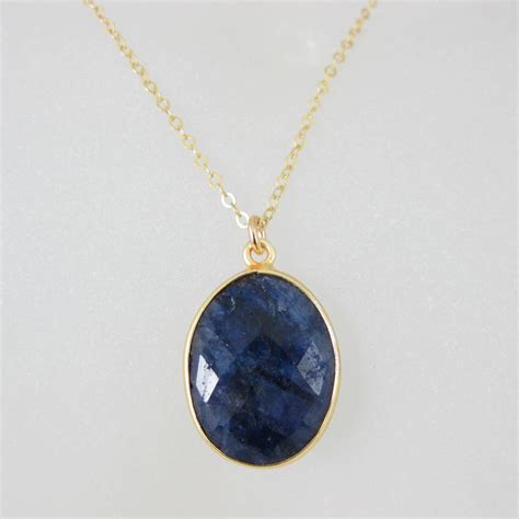 Bezel Gemstone Oval Pendant Necklace Gold Plated Chain Blue