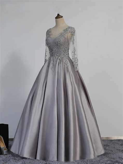 Long Sleeves Lace Ball Gown Silver Prom Evening Dresses 35059