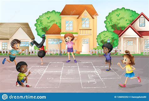 Children Playing Hopscotch At Village Stock Vector Illustration Of