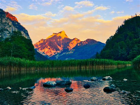 Desktop wallpaper sunset, alpine, nature, forest, glowing peak, lake ...