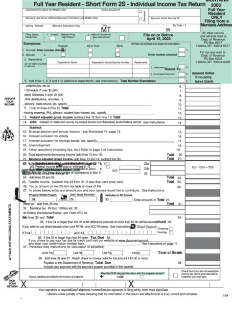 If you hire a professional to help with your taxes, don't assume that your return identifying yourself isn't necessary, but the irs finds it helpful when you do; Montana Short Form 2s - Individual Income Tax Return Full Year Resident - 2003 printable pdf ...