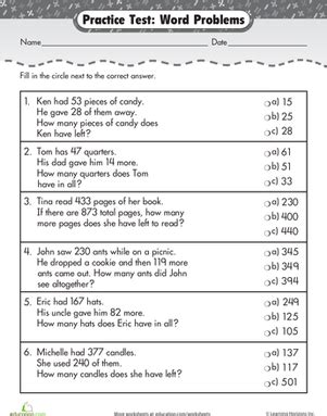 This set of worksheets includes a mix of addition and subtraction word problems. Practice Test: Addition & Subtraction Word Problems ...