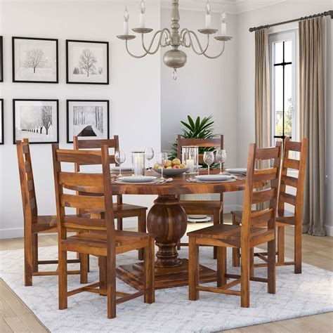 Round Solid Wood Dining Table Set With 6 Chairs In Natural Finish Kalyanam Furniture
