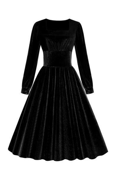 Zapaka Women 1950s Swing Dress Black Long Sleeves Velvet Vintage Dress