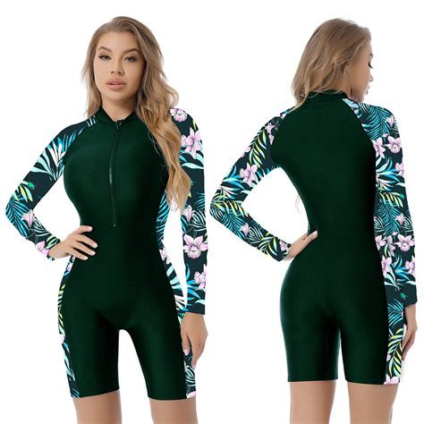 Damen Langarm Badeanzug Einteiliger Rash Guard UV Schutz Surf