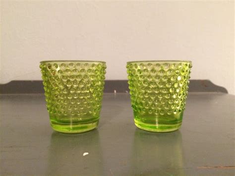 two lime green hobnail glass votive candle holders