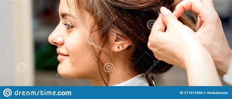Hairstylist Styling Hair Of Woman Stock Photo Image Of Haircutting
