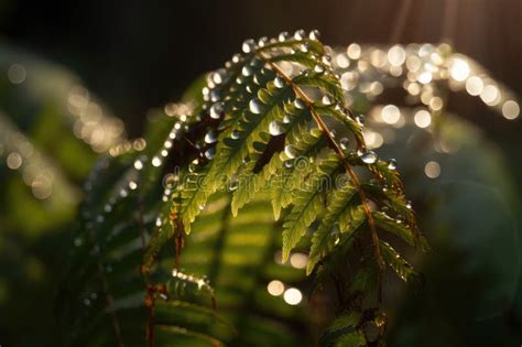 Close Up Of Fern Fronds With Water Droplets And Light Shining Through