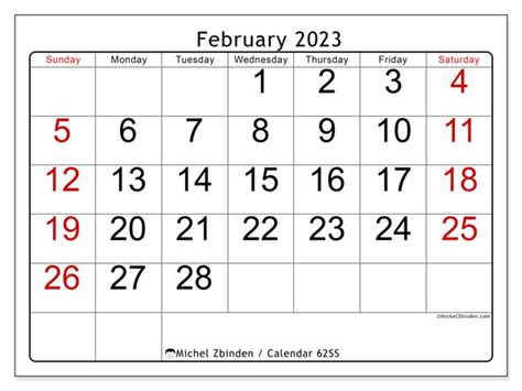 February 2023 Printable Calendar 62ss Michel Zbinden Uk